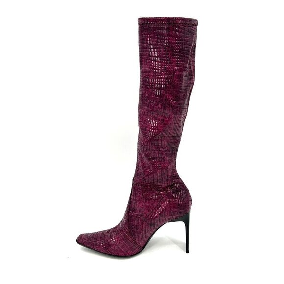 CASADEI Purple Snakeskin Print Stretch Wide Heel Square Pointed Toe Boots 7.5 - Picture 2 of 8